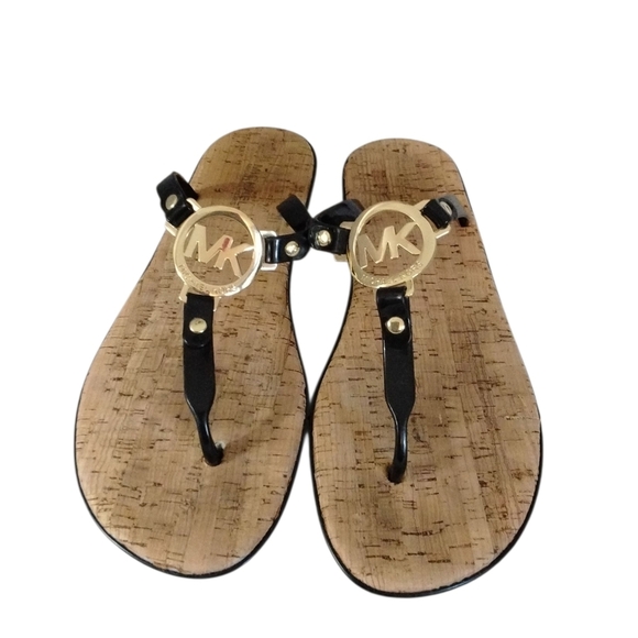 Michael Kors Black and Gold Patent Leather T-Strap Sandals Size 8 - Picture 1 of 12